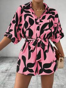 EMERY ROSE Women's Pink Floral Short Sleeve Jumpsuit,Summer Boho Casual Vacation Holiday Romper Button Half-Zip All-Over Print Wrap Dress Style Romper For Women - Multicolor - View 5
