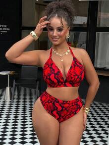 Swim Vcay Bộ bikini hai mảnh cỡ lớn dành cho nữ, in họa tiết hoa, kiểu buộc dây cổ và hở lưng, kiểu tam giác, thích hợp cho kỳ nghỉ. - Nhiều màu - Xem 4