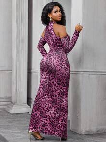 Lureya Women's Pink Leopard Print 2 Piece Set,Deep V-Neck Halter Backless Bodycon Ruched Slit Dress For Club Night,Rave,Techno,Autumn Party Elegant Clothing - Multicolor - View 2