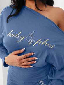 BABYPHAT Asymmetrical Shoulder Long Sleeve Slouchy Top With Text Print And Fitted Waist For Casual Comfort - Baby Blue - View 4