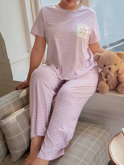 SHEIN Napfluff CURVE Plus Size Women Casual Striped Contrast Color Pocket Pajama Set