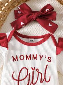 SHEIN Set de 3 piezas de mono con cuello redondo acanalado, pantalones y diadema con lazo bordada, estilo casual para bebé/niño pequeño, para primavera/otoño - Rojo y blanco - Ver 5