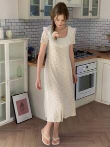 DAZY Teen Girls U-Neck Ruffle Trim Polka Dot Casual Loose Fit Loungewear