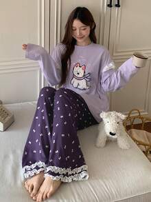 DAZY 2件套毛绒小狗图案宽松长袖T恤和蕾丝拼接蝴蝶结印花长裤睡衣套装，女士秋季款 - 紫色 - 查看 8