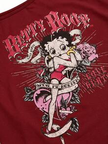 Betty Boop | ROMWE Spring/SummergraphicredSpring/SummerSexy Heart Cartoon Figure Slogan Rose Oblique Shoulder Women T-Shirt - Burgundy - View 3