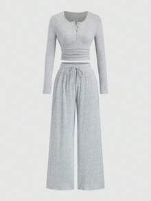 Sweetra Women's New Spring/Autumn/Winter Suitable For Outings, Commuting, Casual, Home, Office, Solid Color Plush Ribbed Fabric Open Front Decorative Waist Ruched Design Adjustable Waistband Textured Fabric 2-Piece Set - Grey - View 3