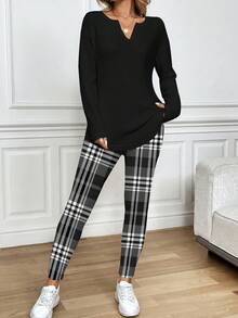SHEIN LUNE 2pcs/Set Kaos Lengan Panjang Motif Kotak-kotak dan Legging Ukuran Besar untuk Wanita, Musim Gugur/Dingin - MultiWarna - View 4
