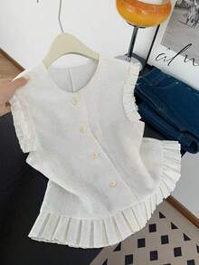 GlowEve Spring/Summer New White Sleeveless Round Neck Button Ruffle Hem Pleated Fresh Sweet Fashion Women Blouse - White - View 1