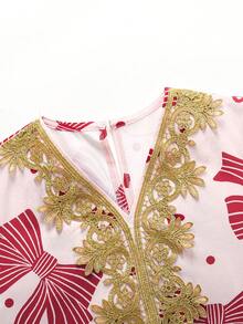 SHEIN 少女宽松度假休闲V领蝴蝶结装饰针织连衣裙 - 粉色 - 查看 3