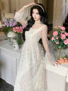 DAZY 春夏优雅蕾丝网纱拼接白色中长连衣裙，修身剪裁，刺绣设计，适合约会、婚礼、派对、度假等场合。 - 杏色 - 查看 5