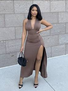Alexandranx 露背高开衩修身连衣裙，适合新年服装，长款女装，女式晚礼服，女式连衣裙，女式优雅连衣裙 - 咖啡棕 - 查看 1