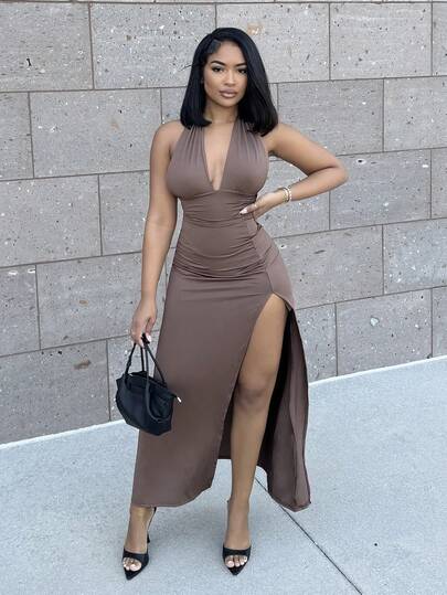 Alexandranx 露背高开衩修身连衣裙，适合新年服装，长款女装，女式晚礼服，女式连衣裙，女式优雅连衣裙