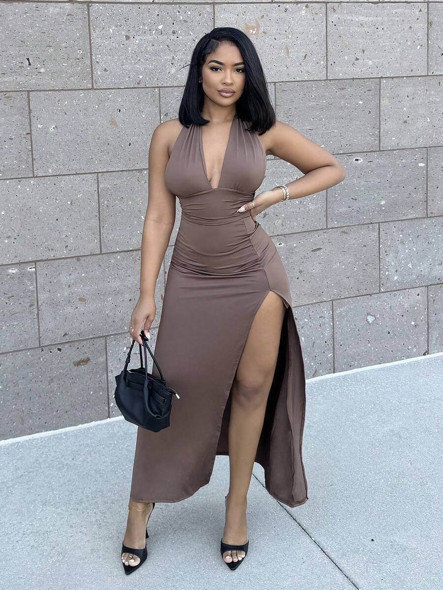 Alexandranx 露背高开衩修身连衣裙，适合新年服装，长款女装，女式晚礼服，女式连衣裙，女式优雅连衣裙 - 咖啡棕 - 查看 1