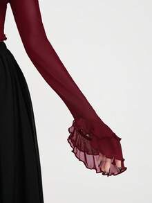 Breakform 女士哥特风性感酒红色网纱半透明荷叶边领拼接喇叭袖纽扣开衫短款上衣 - 酒紅色 - 查看 7