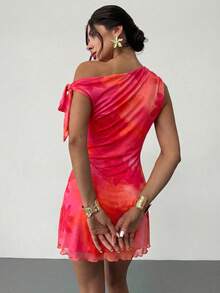 Firerie 女士夏季新款碎花不对称肩部性感优雅度假迷你连衣裙，网纱碎花连衣裙，不对称领口连衣裙，春夏服装，沙滩装，优雅，性感，度假，海滩，夏威夷，约会，派对，音乐节，毕业礼服，舞会礼服 - 彩色 - 查看 7