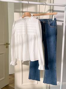 Muvela 2026 Spring/Summer New White Ruffled Collar Lace Trim Splice Striped Elastic Cuff Women's Cute Shirt, Elegant Party, British Style, Campus, Suitable For Outing, Date, Gathering, Music Festival, Commuting, Summer Holiday, Vacation - White - View 3