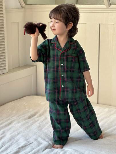 Dazy Kids Young Boy Summer Casual Plaid Front Button Shirt And Pants Pajama Set