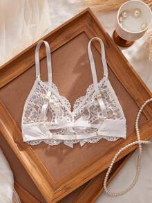 Crystal Vow 1pc Women's Lace Bow Decor Wireless Bra - White - View 6