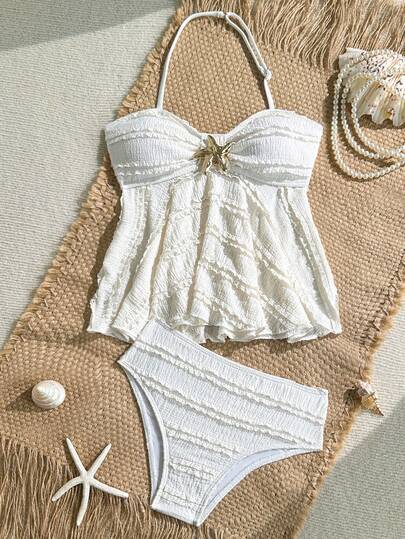 SHEIN Tween Girl Textured Knit Apricot Halter Tankini Swimsuit Set