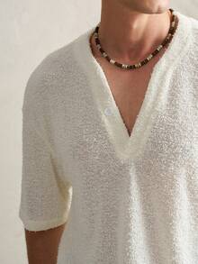 Manfinity Dauomo Men's Casual Solid Color Button Design Loose Fit Short Sleeve T-Shirt - White - View 7