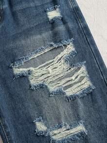 SHEIN MOD Jeans acampanados y sueltos con rotos para mujer de talla grande, azul - Azul lavado medio - Ver 3
