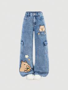 Girlism Quần jean denim in hình hoạt hình Capybara cho bé gái tuổi teen, thời trang dễ thương và ngọt ngào cho mặc hàng ngày, đi học, cuối tuần, mùa tựu trường, kỳ nghỉ. Quần cargo ống đứng nhiều túi, dáng rộng, màu xanh nhạt đã qua xử lý, thích hợp cho mùa thu, Giáng sinh, mùa thu đông, mùa tựu trường và các dịp lễ hội. - Rửa tối - Xem 5