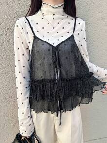 FRIFUL Women's Shiny Fabric Layered Ruffle Hem Camisole - Black - View 3