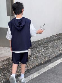 SHEIN Little Byeori 3er Set für Tween-Jungen: Strickkapuzenpullover, locker sitzendes T-Shirt, Shorts, Lässig Stil geeignet für Pendeln, Schule, Alltag, Sport, Sommer - Königsblau - Übersicht 4