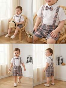 2pcs Baby Boys Short Sleeve Shirt Jumpsuit With Bowtie & Plaid Suspenders Shorts, Gentleman Outfit Suitable For Festivals And Outdoor Activities, Summer Toddler Suit Bow Tie Baby Boy Elegant Clothes Baby Boy Gentleman Outfit Baby Boy Plaid Outfit Boy Summer Outfit Set Vintage Clothes Baby Baby Boy Short Sleeve Suits