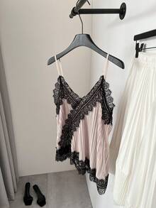 Serisse Women's Contrast Lace Loose Camisole,Summer Tops  , Spring Outfit Women  , Valentine's Day ,Carnival, Beach,Vacation, Casual,Party,Wedding , Elegant - Apricot - View 4