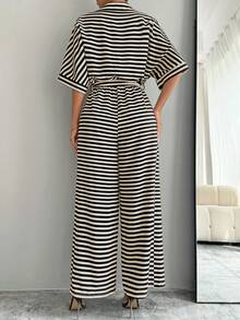 SHEIN LUNE Bộ áo liền quần nữ tay cánh dơi buộc dây in họa tiết sọc - Nhiều màu - Xem 2