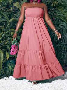 Slaydiva Slayr Vacation Casual Solid Green Woven Tube Top Plus Size Summer Dress For Women Vacation Maxi Dress Long Dress Summer Layered Maxi Dress Pink Dress Plus Size Dress Strapless Dress Women's Dresses - 粉色 - 查看 4