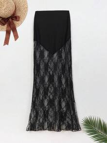 Swim Vcay Summer New Arrival Solid Color Lace Patchwork Bikini Bottom Women's Skirt Mermaid Lace Skirt Discount Clothes For Ladies Mesh Black Skirt - Black - View 6