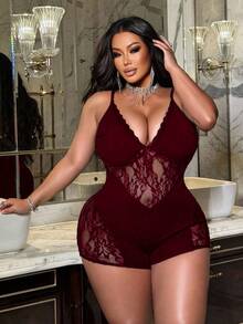 NU&NOW Plus Size Solid Color Spaghetti Strap Lace Patchwork Jumpsuit - Burgundy - View 4