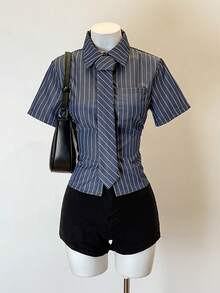 SHEIN Jeanoir 条纹短袖修身休闲衬衫 - 黑色 - 查看 1