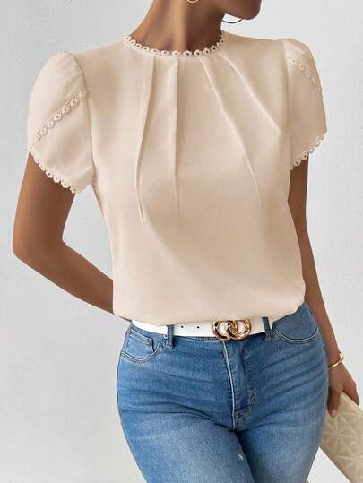 RosyDaze Women's Elegant Casual Solid Color Lace Patchwork Ruffle Collar Flare Sleeve Blouse