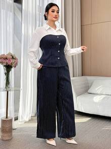 Modelyn Plus Size Women's Spring/Autumn Casual/Office Commute Striped Patchwork Shirt And Wide Leg Pants 2 Pieces Set Women Suit Sets - Multicolor - View 7
