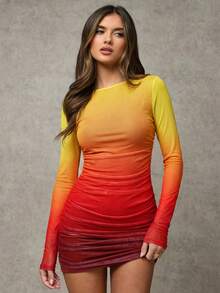 SHEIN BAE Women's Ombre Color Round Neck Long Sleeve Fitted Dress - Red - View 4