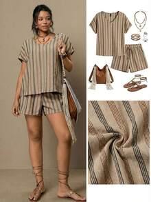 Freevana 2件套/组 纽扣装饰休闲条纹上衣和松紧腰短裤套装 优雅女士百搭加大码适合户外和通勤的夏季服装 - 彩色 - 查看 7