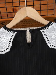 Sparklyn 少女休闲优雅可爱泡泡袖A字连衣裙，圆领蝴蝶结领口，绿色，适合春、夏、秋季、户外活动、上学、度假穿着 - 黑色 - 查看 3