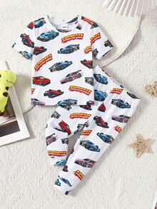 SHEIN Baby Boy Racecar Cartoon Print Casual Minimalist Snug Fit Crew Neck Short Sleeve Pants Pajama Set, Suitable For All Seasons - Multicolor - View 7