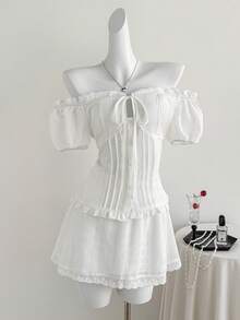 Sweetra Bộ đồ nữ cho dịp năm mới, Halloween, Giáng sinh, Lễ Tạ ơn, phong cách mới, thường ngày, mùa hè, phù hợp cho tiệc tùng, đi làm, sinh hoạt hàng ngày, du lịch, nghỉ mát. Áo sơ mi trắng, áo kiểu trắng, áo blouse trắng, trang phục trắng đêm giao thừa, bộ đồ nữ thanh lịch, trễ vai, tay phồng, nơ, họa tiết kẻ sọc, áo sơ mi trắng viền bèo, chân váy chữ A ngắn, ngọt ngào, dễ thương, dịu dàng, bộ đồ 2 mảnh thanh lịch. - trắng - Xem 3