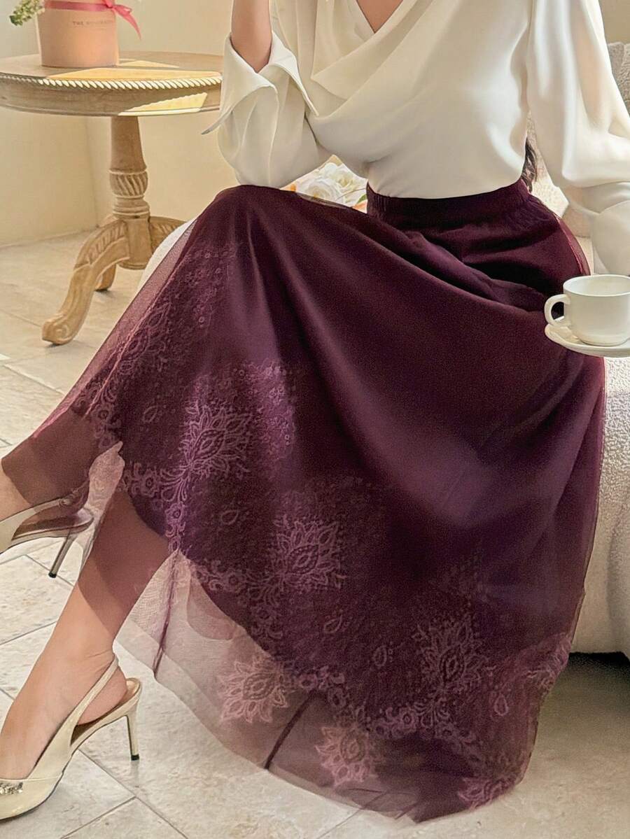 Dazy-Less 宽松休闲网纱半身裙，适合春夏、情人节、办公室商务休闲场合穿着，女士 - 酒紅色 - 查看 1