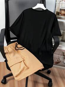 2件套青少年男童休闲印花T恤和宽松工装短裤套装 - 黑色 - 查看 2