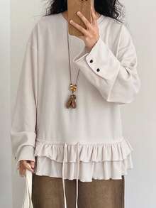 FRIFUL Women's Solid Color Drawstring Hem Ruched Ruffle Trim Cuff Button Waffle Loose Casual Versatile Spring T-Shirt - Apricot - View 5