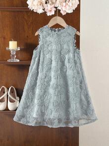 SHEIN One-Piece Young Girl Sleeveless Round Neck Solid Color Back Big Bow Decor A-Line Lace Embroidered Dress, Cute & Elagant & Sweet & Vintage & - Blue - View 6