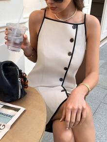 Elyressa Button Decor Contrast Color Sleeveless Fitted A-Line Casual Dress For Women - Apricot - View 2