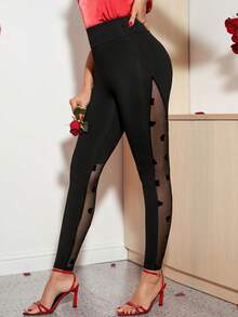Amorya 女士黑色修身长裤，弹力针织面料，植绒拼接爱心图案，高腰设计，适合秋冬季及早春穿着。 - 黑色 - 查看 10