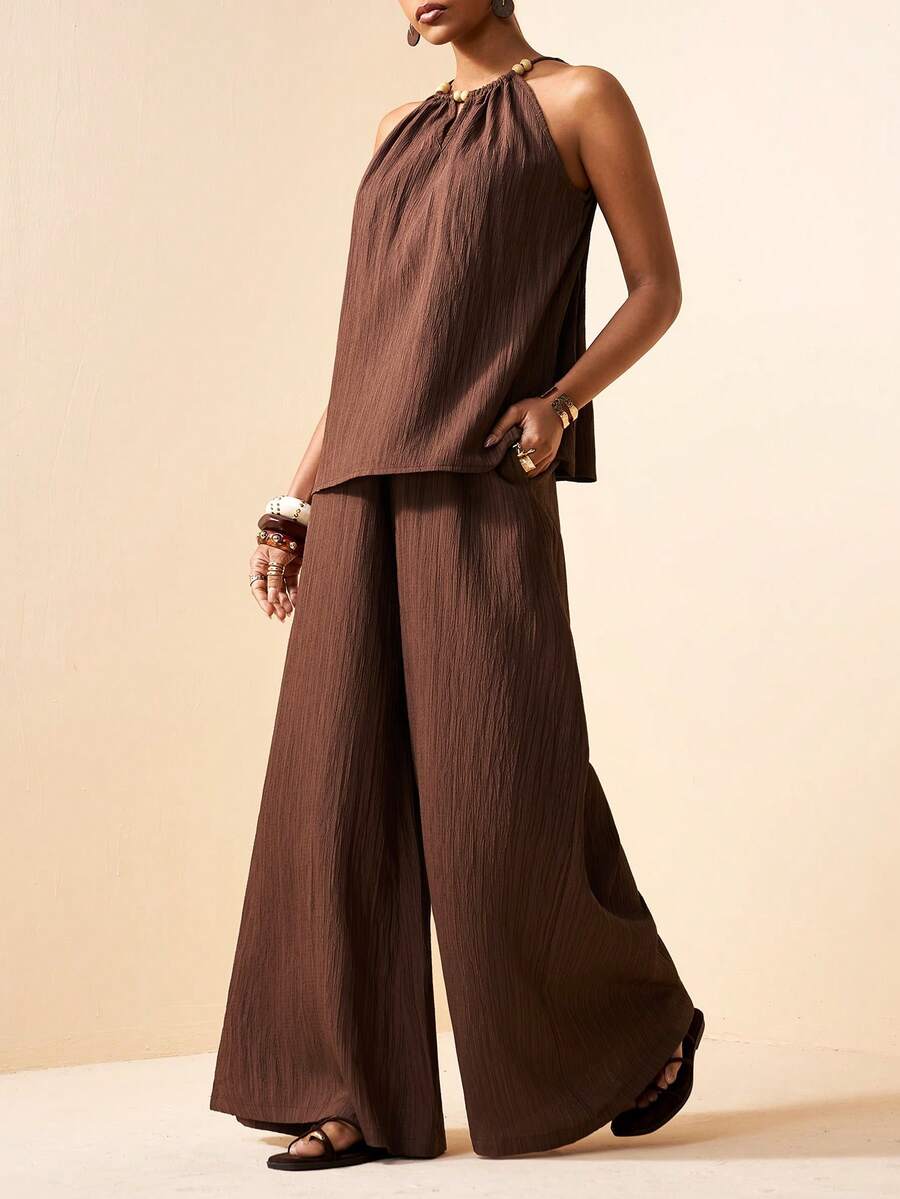 Zivah 2026 Spring/Summer New Casual Vacation Commuter Textured Fabric Loose Brown Round Neck Beaded Sleeveless Vest + Wide-Leg Pant Women Two Pieces Set.Suitable For Everyday Outings, Party, Travel, Parties, Boho , Beach, Airport Outfits, Brunch Outfits, Festivals, And Wedding Guest Attire-,Vacation-A - Brown - View 1