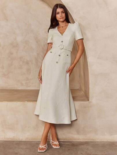 Enchnt Spring/Summer Romantic Women's Beige V-Neck Elegant Short Sleeves Waist Cinched Party Mini Dress,Chic&Elegant For Date&Vacation&Going Out&Daily Commute&Afternoon Tea,Valentine's Day,Beige Dresses,Pring Outfit Women,  Summer Dress